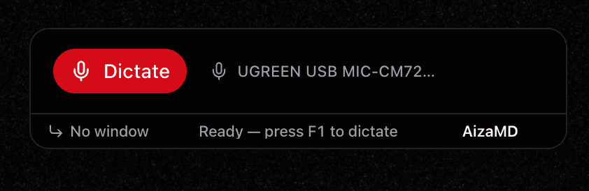 AizaMD desktop dictation bar ready to record on F1