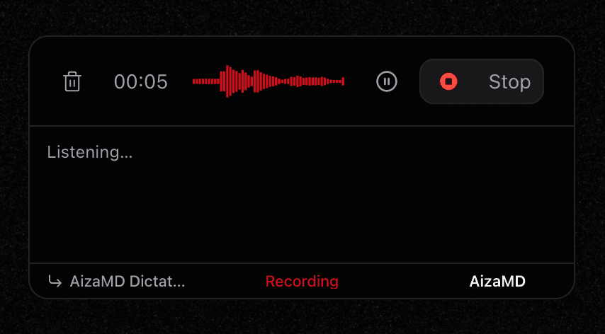 AizaMD desktop dictation listening with a live transcript and waveform
