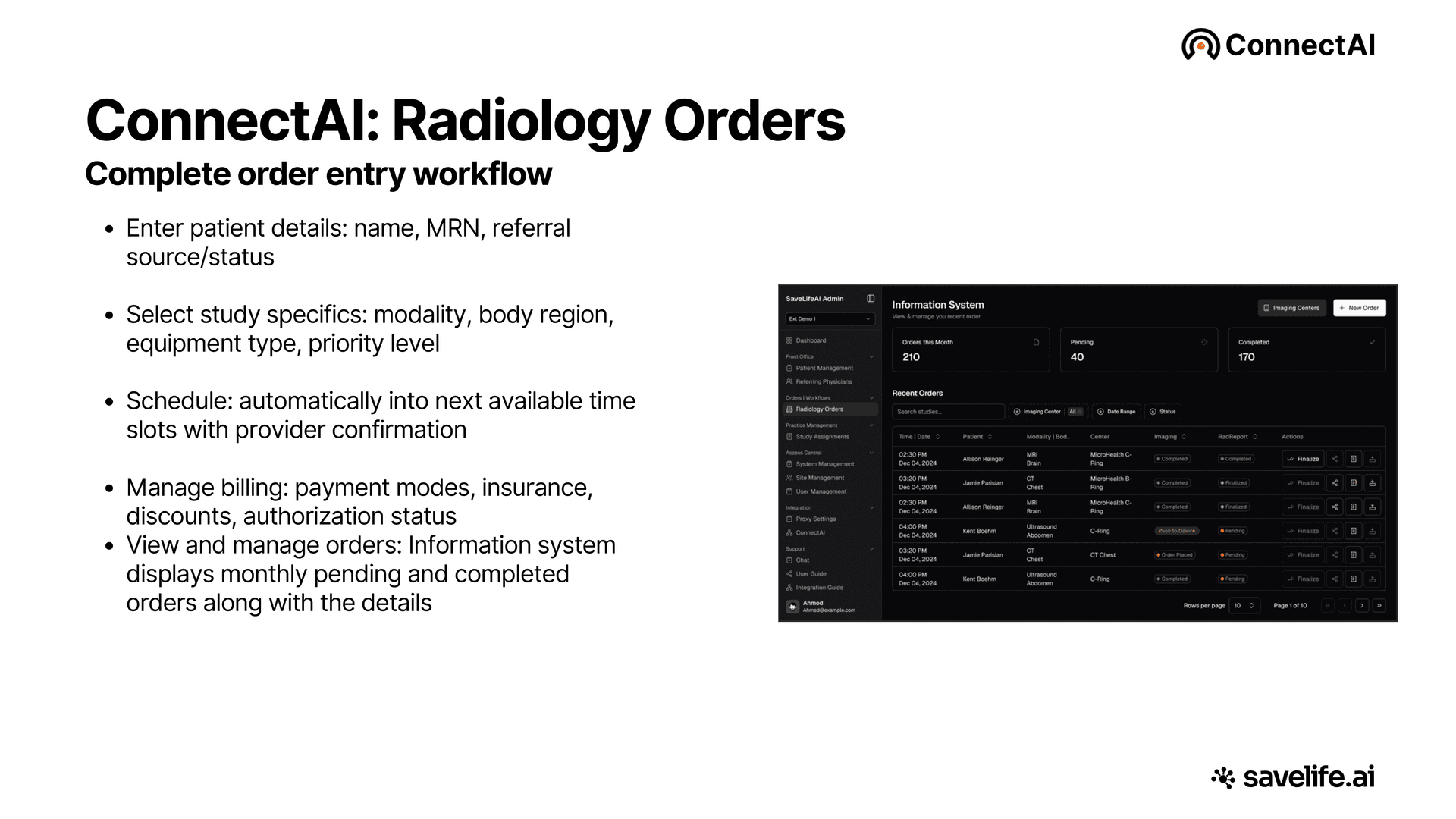 ConnectAI Radiology Orders, end-to-end order management workflow