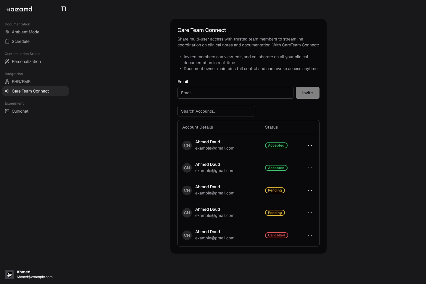 CareTeam Connect - send invite