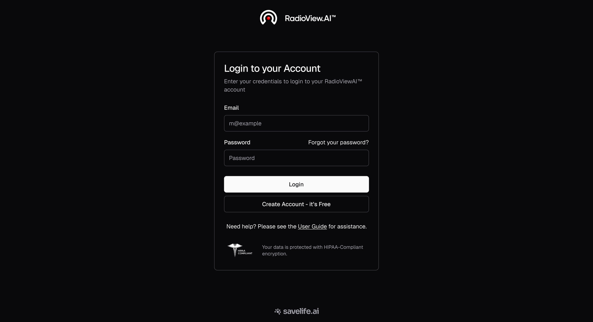 RadioViewAI Login screen
