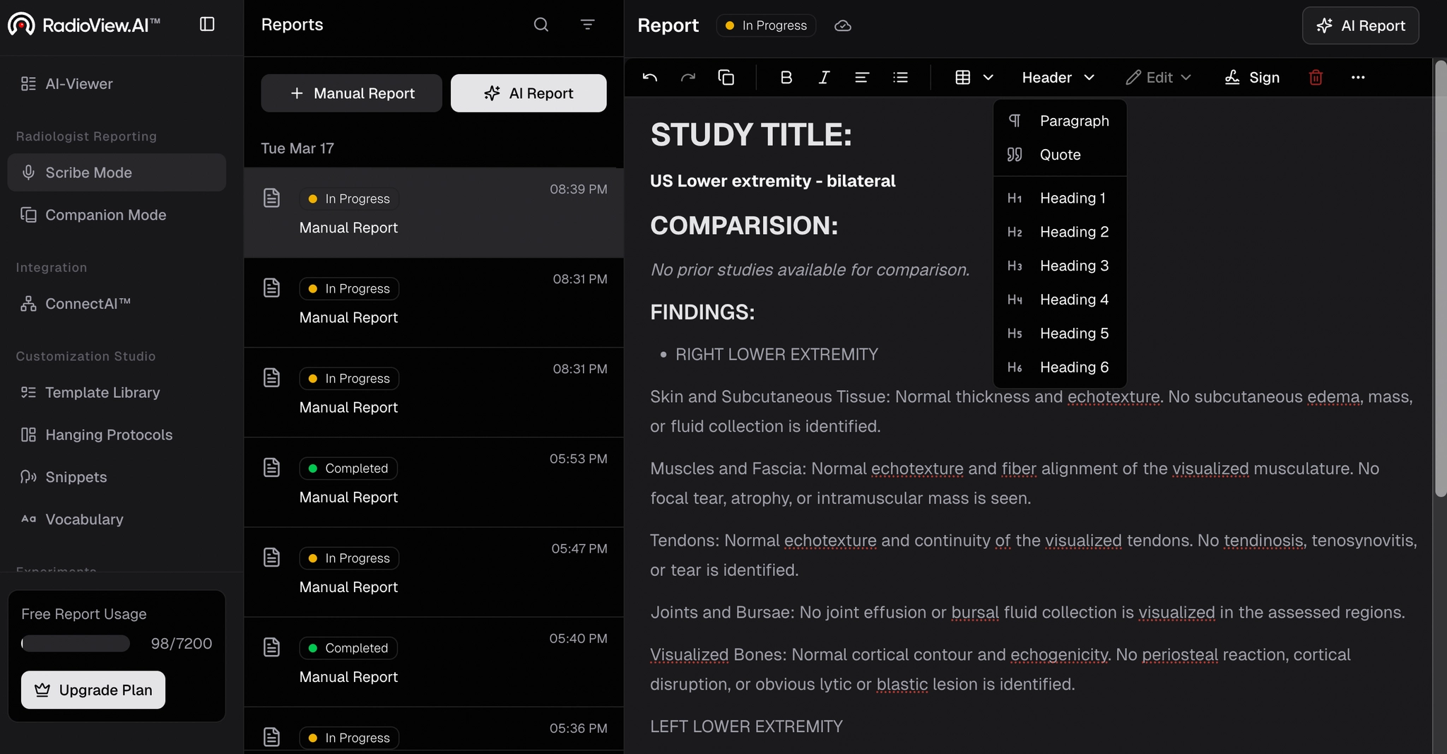 Header options dropdown